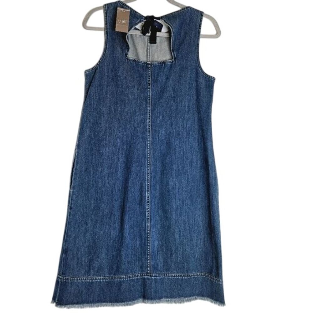 J. Jill Denim Sleeveless Dress With Bow Back S  Cotton Frayed Hem Pockets‎ Y2K - Picture 2 of 12